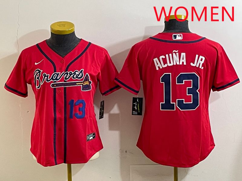 Women Atlanta Braves #13 Acuna jr Red Game 2025 Nike MLB Jersey style 2->women mlb jersey->Women Jersey